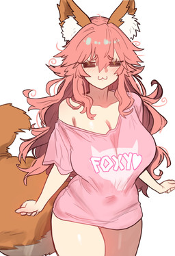 5_fingers :3 bangs big_breasts blush blush_lines bottomless breast_outline breasts brown_body brown_fur cleavage clothed clothing collarbone eyebrows eyelashes eyes_closed female fingers fluffy fluffy_tail fur glistening glistening_breasts glistening_thighs hair hair_strands heart_symbol inner_ear_fluff long_hair looking_at_viewer messy_hair navel_outline one_sleeve_on pink_hair pose shirt shirt_only simple_background solo standing tail text thick_thighs thigh_up tight_clothing tight_topwear tired topwear topwear_only tuft waist white_body white_fur ebora fate_(series) type-moon caster_tamamo-no-mae animal_humanoid canid canid_humanoid canine canine_humanoid fox_humanoid fox_spirit humanoid mammal mammal_humanoid 2025 absurd_res digital_drawing_(artwork) digital_media_(artwork) english_text half-length_portrait hi_res portrait
