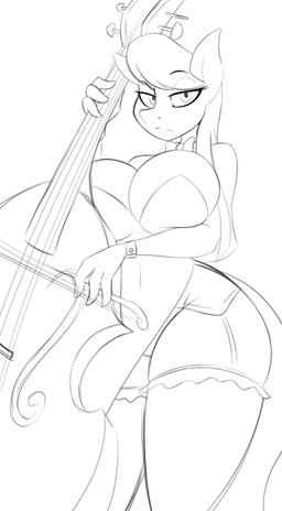 anthro anthrofied big_breasts bowed_string_instrument breasts cello cleavage clothed clothing dress evening_gown eyebrows female garter_belt garter_straps huge_breasts legwear looking_at_viewer musical_instrument raised_eyebrow solo stockings string_instrument jrvanesbroek friendship_is_magic hasbro my_little_pony octavia_(mlp) equid equine horse mammal pony 2016 digital_drawing_(artwork) digital_media_(artwork) hi_res monochrome sketch