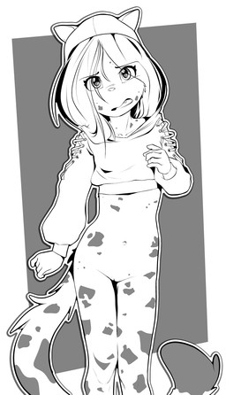 anthro blush bottomless clothed clothing female flat_chested fur genitals hair navel open_mouth solo vulva young young_anthro young_female sicmop fuf_(character) felid leopard mammal pantherine hi_res monochrome