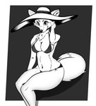 anthro big_breasts bikini breasts clothing female fluffy fluffy_tail fur simple_background sitting smile solo swimwear tail tuft two-piece_swimsuit wide_brim_hat wisty canid canine fox mammal absurd_res black_and_white hi_res monochrome