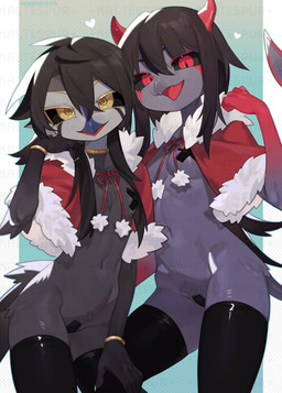 5_fingers anthro biped black_body black_hair black_sclera black_tail breasts clothed clothed_anthro clothed_female clothing duo female fingers front_view grey_body grey_tail hair legwear looking_at_viewer navel non-mammal_breasts pasties red_eyes simple_background small_breasts smile standing tail thigh_highs yellow_eyes kaltespur avian bird 2025 absurd_res digital_drawing_(artwork) digital_media_(artwork) hi_res