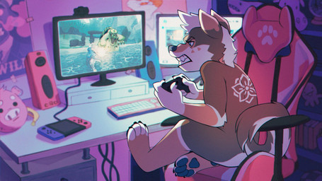 bedroom bookshelf computer controller desk detailed_background electronics furniture game_controller gaming gaming_chair nude table enotich nintendo nintendo_switch canid canine canis domestic_dog mammal 16:9 hi_res widescreen