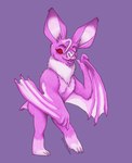 ambiguous_gender anthro anthrofied aster_(nu:_carnival) bat bat_wings big_ears eyebrows fangs fluffy forked_tongue fur hi_res leaf-nosed_bat mammal membrane_(anatomy) membranous_wings microbat neck_tuft noogenesis nu:_carnival pink_body pink_fur purple_background purple_theme red_eyes simple_background solo teeth tongue tuft vampire vampire_bat winged_arms wings yangochiropteran