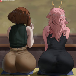 big_butt black_clothing butt clothed clothed_female clothed_human clothed_humanoid clothing duo female female_human female_humanoid hair horn humanoid_hands long_hair pink_body pink_hair pink_skin short_hair sitting oroborus my_hero_academia ashido_mina ochaco_uraraka horned_humanoid human humanoid mammal quirked_human_(my_hero_academia) 2026 hi_res