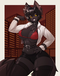 alternative_fashion anthro belt big_breasts bottomwear bra breasts building clothing female hair legwear looking_at_viewer outside pants rock rocker scar shorts smile solo thigh_highs topwear underwear onomari darkwolf_(darkwolfdemon) canid canine canis mammal wolf 4:5 absurd_res hi_res