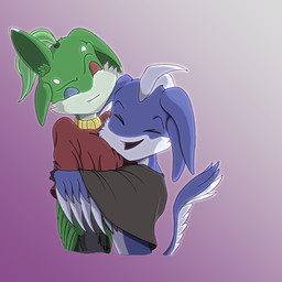 4_ears anthro apology biped blue_body blue_feathers claws clothed clothing duo feathered_wings feathers female green_body green_feathers heterochromia hug male male/female mohawk multi_ear tail tail_feathers white_body white_feathers winged_arms wings kreeper_art cooki_(character) rogue_emberwing avali avian 1:1 digital_media_(artwork) hi_res