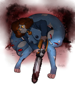 anthro areola big_breasts blood bodily_fluids breasts brown_hair chainsaw clothing collar female glowing glowing_eyes hair hockey_mask mask nipples power_tool sentient_ears solo sports_mask sportswear tools geeflakes geeflakes_(character) lagomorph leporid mammal rabbit 2018 absurd_res digital_media_(artwork) hi_res
