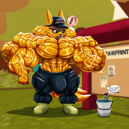 anthro big_bulge big_muscles bulge clothed clothing detailed_bulge dialogue duo extreme_size_difference feral huge_bulge huge_muscles hyper hyper_muscles male muscular muscular_male size_difference solo_focus striated_muscles text topless vein veiny_muscles taiko-sihori webfishing aquatic canid canine fish fox mammal 1:1 english_text hi_res