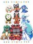 ambiguous_gender anthro beak black_body black_fur blue_eyes brown_body brown_feathers evolutionary_family feathers feral front_view fur group looking_at_viewer pink_nose red_body red_fur simple_background sitting smile starter_trio text trio white_background yellow_sclera saki_pokeoekaki nintendo pokemon brionne dartrix decidueye generation_2_pokemon generation_7_pokemon incineroar litten pokemon_(species) popplio primarina rowlet torracat unown_(pokemon) unown_a unown_l unown_o 2022 3:4 character_cipher hi_res translated unown_text