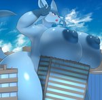 ambiguous_gender anthro areola big_breasts blue_areola blue_eyes blue_nipples blue_sky breasts city_destruction cloud destruction embarrassed extreme_size_difference female flustered huge_breasts larger_female leaning_on_building macro macro_female nipples object_between_thighs size_difference sky smaller_ambiguous kify nintendo pokemon eeveelution generation_4_pokemon glaceon pokemon_(species) 2020 absurd_res hi_res