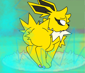 4_legs ambiguous_gender big_butt bloated blue_fart_cloud butt electricity fart fart_cloud fart_fetish farting_electricity feral fur pawpads pixelated_background rumbling_stomach solo standing yellow_body yellow_fur aftonjorge nintendo pokemon eeveelution generation_1_pokemon jolteon pokemon_(species)