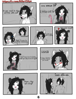 anthro black_hair black_nose clothing dialogue dirty female fur grey_body grey_fur hair pink_body pink_nose simple_background solo text white_body white_fur allartskye evelyne_(allartskye) kia_(allartskye) skye_(allartskye) american_opossum canid canine canis mammal marsupial wolf comic english_text hi_res url
