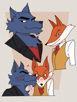 accessory anthro black_clothing black_jacket black_topwear blush blush_lines clothed clothing duo fur grey_body grey_fur heart_symbol jacket kissing_cheek male male/male multicolored_body multicolored_fur multiple_poses necktie orange_body orange_fur pose red_clothing red_necktie red_shirt red_topwear shirt topwear two_tone_body two_tone_fur vest white_body white_clothing white_fur white_shirt white_topwear yellow_clothing yellow_topwear yellow_vest idl3nova don't_eat_the_neighbours fox_(don't_eat_the_neighbours) wolf_(don't_eat_the_neighbours) canid canine canis fox mammal wolf 2026 3:4 digital_media_(artwork) film_grain hi_res