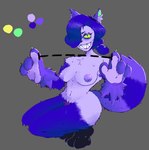 anthro areola blue_body blue_fur bodily_fluids breasts crouching eyelashes female fur green_sclera grey_background looking_at_viewer markings navel nipples nude pubes pupils purple_areola purple_body purple_fur purple_nipples purple_pubes sharp_teeth simple_background slit_pupils smile solo striped_markings striped_tail stripes sweat sweatdrop tail tail_markings teeth thick_thighs whiskers wide_hips oimaginacion brawl_stars supercell_(company) colette_(brawl_stars) domestic_cat felid feline felis mammal hi_res