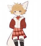 2018 blonde_hair blush bottomwear canid canine canis clothed clothing digital_media_(artwork) domestic_dog female flat_chested fluffy_ears fredek666 hair herding_dog hi_res legwear looking_at_viewer mammal neck_bow pastoral_dog plaid simple_background skirt solo stockings sweater topwear uniform welsh_corgi white_background