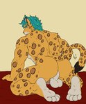 anthro balls blue_eyes blue_hair butt eyebrows feet fur genitals hair kneeling male markings muscular muscular_male orange_body orange_fur penis rear_view soles solo spots spotted_markings tail hunterramirez cougar domestic_cat felid feline felis jaguar mammal pantherine hi_res