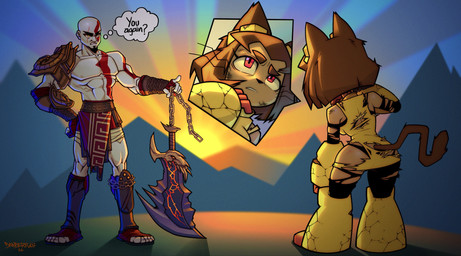 annoyed anthro arm_armor armor asymmetrical_armor bald bodily_fluids bottomwear brown_hair brown_tail cat_tail chain clothed clothing cracked_armor cracks cross-dialogue curved_sword damaged damaged_armor damaged_clothing duo enchanted_weapon eyelashes eyewear female footwear gauntlets gesture gloves goggles greaves greek hair hand_gesture hand_on_hip handwear larger_male leg_armor loincloth looking_at_another male markings muscular muscular_male outside pale_skin pauldron pointing pose rear_view sandals scared shaking shaky_legs shoes short_hair side_view simple_background size_difference skinsuit smaller_female socks standing sunset sweat sweating_profusely sweaty_face tail text thought_bubble tight_clothing toeless_footwear toeless_socks topless topless_male torn_clothing unconvincing_armor vambrace whiskers white_body wounded yellow_clothing yellow_eyewear yellow_goggles danderfull gameoverse glitch_productions god_of_war playstation sony_corporation sony_interactive_entertainment kit_bodega kratos demigod domestic_cat felid feline felis human mammal absurd_res comic crossover english_text hi_res shaded