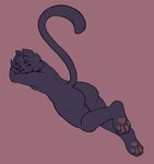 anthro big_butt black_body black_fur black_hair butt eye_bags eyebrows female fur hair half-closed_eyes looking_at_viewer looking_back lying messy_hair narrowed_eyes notched_ear nude on_front pawpads paws pink_pawpads raised_eyebrows raised_leg raised_tail red_eyes round_ears simple_background solo tail carameltsi rivals_of_aether clairen_(rivals_of_aether) felid feline leopard mammal pantherine flat_colors hi_res