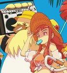 anthro beach belt boombox brown_hair bucket_hat clothing duo electronics female fluffy food fur grin hair hair_over_eyes hat headgear headwear long_hair male popsicle seaside smile straw_hat swimwear yellow_body yellow_fur kimoppo kubota_keita bandai_namco digimon digimon_ghost_game angoramon_(ghost_game) ruri_tsukiyono angoramon digimon_(species) human lagomorph leporid mammal rabbit