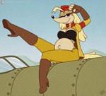 aircraft airplane anthro belly big_belly big_breasts blonde_hair bra breasts clothed clothing female fur gesture hair handwear hat headgear headwear looking_at_viewer one_eye_closed open_clothing open_shirt open_topwear pose pregnant salute shirt smile solo topwear underwear vehicle wink drxii cuphead_(game) sergeant_o'fera canid canine canis domestic_dog hunting_dog mammal saluki sighthound digital_media_(artwork) hi_res pinup