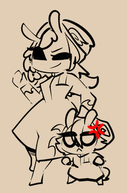 angry anthro black_eyes clothed clothing cross-popping_vein duo female hand_on_head jumpsuit leaning racing_suit shell_hat short size_difference thefablednekos spiral_stream_derby cocoa-bon crimson_clover gastropod mollusk snail hi_res sketch