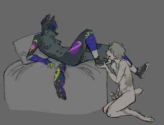 antennae_(anatomy) anthro anthro_on_anthro bed bodily_fluids breasts clothing converse_shoes cum cum_drip cum_on_penis dripping drooling duo feet female floppy_ears fluffy fluffy_hair foot_fetish footwear furniture genital_fluids genitals green_vulva grey_body hair hair_over_eye highlights_(coloring) interspecies kneeling lop_ears lying male male/female masturbation multi_nipple multiple_piercings nipples on_back on_bed penile penile_masturbation penis piercing pink_penis pubes saliva sex shoe_fetish shoe_licking shoes size_difference smaller_male smile socks sparklefur submissive submissive_male tongue vulva white_body grandtotal chuck_taylor_all_stars converse duck_(fossilpaste) kieran_(grandtotal) canid canine canis hybrid lagomorph leporid mammal rabbit wolfdog 2025 digital_media_(artwork) hi_res