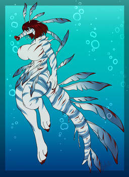 anthro big_breasts breasts bubble eyewear featureless_breasts female glasses green_background green_eyes hair lips looking_aside nude red_hair round_glasses simple_background solo tail thick_lips underwater water white_body kaitofletcher aquatic fish leafy_seadragon syngnathid syngnathiform 2026 digital_media_(artwork) hi_res