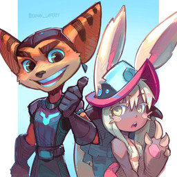 anthro armor blush brown_body brown_fur claws duo female fur hair headgear helmet looking_aside looking_at_viewer male open_mouth simple_background smile white_hair kienan_lafferty made_in_abyss ratchet_and_clank sony_corporation sony_interactive_entertainment nanachi ratchet_(ratchet_and_clank) animal_humanoid humanoid lagomorph lagomorph_humanoid leporid_humanoid lombax mammal mammal_humanoid narehate rabbit_humanoid 1:1 2019