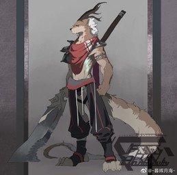 anthro antlers black_bottomwear black_clothing black_footwear black_nose black_pants bottomwear brown_antlers brown_body brown_fur clothed clothing footwear fur holding_object holding_weapon horn logo male male_anthro mouth_closed pants red_eyes solo standing tan_body tan_fur weapon weibo_logo awaldkize mythology weibo dragon furred_dragon furred_scalie mythological_creature mythological_scalie scalie artist_logo full-length_portrait portrait