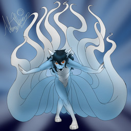 9_tails abstract_background anthro biped bowing casual_nudity featureless_crotch front_view fur gloves_(marking) hair leg_markings long_hair looking_at_viewer male male_anthro markings multi_tail nude nude_anthro nude_male pose red_eyes simple_background socks_(marking) solo tail fledgedragonfox fledge_(fledgedragonfox) canid canine fox fox_spirit humanoid hybrid mammal 1:1 blue_theme cool_colors digital_drawing_(artwork) digital_media_(artwork) full-length_portrait portrait shaded signature soft_shading