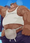 anthro armpit_hair asian_clothing belly big_belly blush bodily_fluids body_hair bottomwear clothing east_asian_clothing fundoshi japanese_clothing kemono male musclegut muscular musk overweight overweight_male pants shirt simple_background solo sweat topwear underwear white_clothing white_fundoshi white_underwear araiguma_11 morenatsu juuichi_mikazuki bear mammal 2024