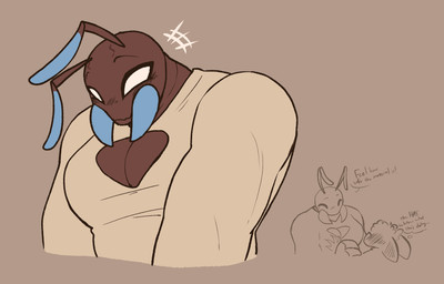 antennae_(anatomy) anthro big_ears big_nose blush blush_lines breast_grab breasts cleavage_cutout clothed clothing cutout dialogue duo eyes_closed female hand_on_breast looking_at_viewer mandibles shirt simple_background smile speech_bubble sweater text thought_bubble topwear carameltsi rivals_of_aether la_reina_(rivals_of_aether) ti-ti ant arthropod bat hymenopteran insect mammal colored hi_res sketch