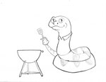 ambiguous_gender black_line_art clothed clothed_feral clothing feral feralized grill holding_object holding_spatula holding_tool legless looking_at_viewer mouth_closed pupils shirt simple_background slit_pupils solo spatula tools topwear white_background shoak i_just_wanna_grill reptile scalie snake 2020 full-length_portrait greyscale monochrome portrait traditional_media_(artwork)