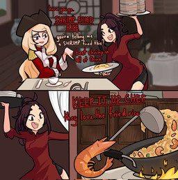 black_bottomwear black_clothing black_shorts blonde_hair bottomwear brown_hair clothing cooking dialogue dress female feral fire food fried_rice group hair red_clothing red_dress restaurant rice shorts shrimp_(food) text trio wok centurii-chan_(artist) aquatic arthropod crustacean human mammal shrimp comic english_text hi_res