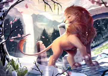 brown_mane brown_nose brown_tail cheek_tuft cloud day facial_tuft feral flower fur male male_feral mane mouth_closed orange_body orange_fur orange_sky outside plant sky snow solo tail tree tuft water waterfall white_flower yellow_eyes bloominglynx felid lion mammal pantherine digital_media_(artwork) digital_painting_(artwork) painting_(artwork)