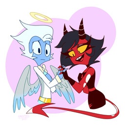 back_wings black_hair blue_body blue_hair blue_skin bow_tie duo eyelashes feathered_wings feathers female freckled_face freckles glistening_eyelids hair halo hand_holding hand_on_chest horn interlocked_fingers long_eyelashes long_tail male male/female red_body red_skin simple_background spade_tail tail wings yellow_eyes emositecc hellaverse helluva_boss millie_(helluva_boss) moxxie_(helluva_boss) angel angel_humanoid demon demon_humanoid humanoid imp 1:1 colored hi_res
