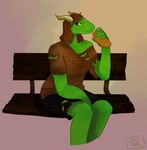 absurd_res anthro argonian bench bread brown_clothing brown_hair clothing female food green_body green_scales hair hi_res horn microsoft nel-tei_(golddrake) scales scalie sitting smile solo the_elder_scrolls torn_clothing unknown_artist