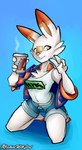 anthro beverage biped blue_bottomwear blue_clothing blue_shorts bottomwear breasts brown_markings buckteeth cheek_tuft chest_tuft clothed clothing coffee dipstick_ears ear_markings facial_markings facial_tuft feet female front_view gesture green_eyes hand_gesture head_markings holding_beverage holding_object jacket kneeling looking_aside markings multicolored_ears pink_nose shirt shorts simple_background small_breasts smile solo steam tank_top teeth text text_on_container toeless_(marking) topwear tuft v_sign white_body white_clothing white_shirt white_tank_top white_topwear machinewithsoul nintendo pokemon generation_8_pokemon pokemon_(species) scorbunny 2019 english_text hi_res