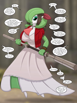 after_transformation anthro big_breasts bow_ribbon bracelet breasts brown_hair chest_spike clothing confusion dialogue dress female green_arms green_body green_eyes green_hair hair jacket jewelry multicolored_body necklace non-mammal_breasts pink_clothing pokemorph red_clothing solo species_transformation spikes spikes_(anatomy) staff text topwear transformation white_body white_clothing runningtoaster final_fantasy final_fantasy_vii nintendo pokemon square_enix aerith_gainsborough cloud_strife gardevoir generation_3_pokemon pokemon_(species) english_text hi_res