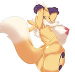 anthro areola armwear_only big_breasts big_butt breasts bridal_gauntlets_only butt female looking_back nipples simple_background solo tail white_background ameliemercedez bandai_namco digimon digimon_(species) renamon