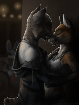 anthro anthro_on_anthro breasts clothed clothing duo_focus eyes_closed female fur grey_body grey_fur group inside light male male/female markings orange_body orange_fur spots spotted_body spotted_fur trio whiskers ipoke canid canine felid fox lagomorph leporid mammal rabbit 2022 3:4 character_request digital_media_(artwork) hi_res lighting shaded