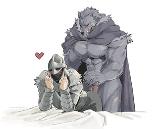 abs anthro armor bent_over big_muscles big_pecs blush cloak clothing duo facial_scar flaccid fur genitals grey_body grey_fur headgear heart_symbol helmet humor imminent_sex interspecies male male/male mostly_nude muscular muscular_anthro muscular_male nipples pecs penis scar simple_background white_background 1500jiangbao elden_ring fromsoftware blaidd_(elden_ring) tarnished_(elden_ring) canid canine canis human mammal wolf 2024 digital_drawing_(artwork) digital_media_(artwork) hi_res