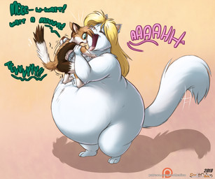 anthro belly big_belly carrying_another carrying_partner duo female forced hug huge_belly imminent_vore larger_female male male/female open_mouth overweight overweight_female scared simple_background size_difference smaller_male standing tongue tongue_out scott_calico scott_calico_(scottc) tevy_(scott_calico) domestic_cat felid feline felis mammal 2019 6:5