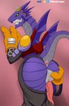 anthro anus balls belt bottomwear butt clothed clothing e621_logo furaffinity_logo genitals gloves hand_on_butt handwear holding_butt looking_at_viewer male open_bottomwear open_clothing open_pants oversized_bottomwear oversized_clothing oversized_pants pants penis purple_body raised_tail simple_background solo tail tail_anus twitter_logo wall_(structure) wings shinyfoxguy bandai_namco digimon furaffinity mythology twitter arresterdramon digimon_(species) dragon mythological_creature mythological_scalie scalie hi_res