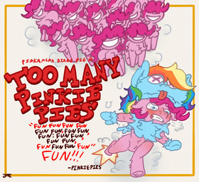 ambiguous_gender anthro black_text blue_eyes blush clenched_teeth clothing costume feral fur group hooves mane movie_poster pink_body pink_fur pink_mane red_blush red_text running teeth text unguligrade tryptchthonic friendship_is_magic hasbro hundreds_of_beavers my_little_pony pinkie_pie_(mlp) rainbow_dash_(mlp) earth_pony equid equine horse mammal pony 2026 character_name crossover digital_drawing_(artwork) digital_media_(artwork) flat_colors