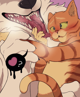 4_fingers anthro arm_grab blush bodily_fluids casual_nudity cheek_tuft claws curious dripping drooling duo ears_up eyeliner faceless_character faceless_male facial_tuft fangs fingers fur fuzzy green_eyes head_tuft heart_symbol holding_another holding_partner incisors larger_anthro larger_male looking_at_mouth looking_at_tongue makeup male male/male nervous nervous_smile nude open_mouth orange_body orange_fur question_mark saliva saliva_drip saliva_on_hand saliva_on_tongue sharp_teeth simple_background size_difference smaller_anthro smaller_male smile speech_bubble spiral spiral_eyes tail teeth tongue tongue_out touching_tongue tuft whiskers white_body white_fur watercat072564 dreamworks puss_in_boots_(franchise) death_(puss_in_boots) puss_in_boots_(dreamworks) canid canine canis domestic_cat felid feline felis mammal tabby_cat wolf