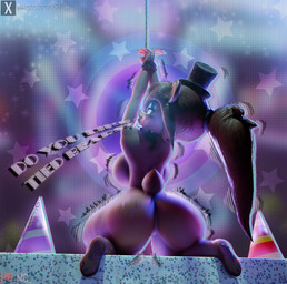 anthro back_boob big_breasts big_butt blue_eyes bound breasts butt clothing crossgender female hair hands_tied hat headgear headwear kneeling long_hair looking_at_viewer looking_back looking_back_at_viewer mtf_crossgender nude nude_anthro nude_female party_hat ponytail raised_arms rear_view rope scut_tail shaking_butt short_tail smile smiling_at_viewer solo star tail talking_to_viewer text thick_thighs tied_hair top_hat magiccorpo cryptiacurves_(modeler) five_nights_at_freddy's scottgames freddy_(fnaf) frenni_(cryptiacurves) bear mammal 3d_(artwork) digital_media_(artwork) english_text hi_res watermark