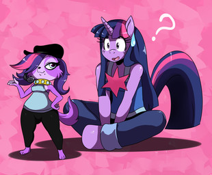 anthro anthrofied blue_eyes clothed clothing collar crossed_legs duo electronics female flat_cap fur hair hair_over_eye hat headgear headwear horn long_hair microphone multicolored_hair one_eye_obstructed open_mouth purple_body purple_eyes purple_fur purple_hair question_mark tail two_tone_hair y2k_(fashion) sssonic2 friendship_is_magic hasbro littlest_pet_shop littlest_pet_shop_(2012) my_little_pony mythology twilight_sparkle_(mlp) zoe_trent bird_dog canid canine canis cavalier_king_charles_spaniel domestic_cat domestic_dog equid equine felid feline felis hunting_dog mammal mythological_creature mythological_equine spaniel toy_dog unicorn 2012 crossover digital_media_(artwork) hi_res