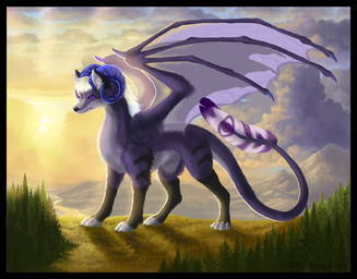ambiguous_gender day feral fur horn membrane_(anatomy) membranous_wings outside sky solo standing sun tail wings tina_leyk mythology canid canine dragon mammal mythological_creature mythological_scalie scalie