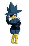anthro armwear beak big_breasts blue_body breasts cleavage clothed clothing dress female generation_2_pokemon hand_on_hip hat headgear headwear hi_res looking_at_viewer murkrow nintendo pokemon pokemon_(species) pupils red_eyes smile solo tansau thick_thighs white_pupils wide_hips